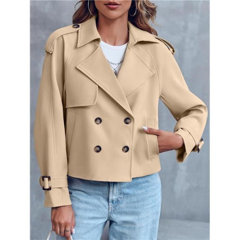 Women Crop Double Breasted Trench Coat Raglan Sleeve Work Office - Picture 3 of 7